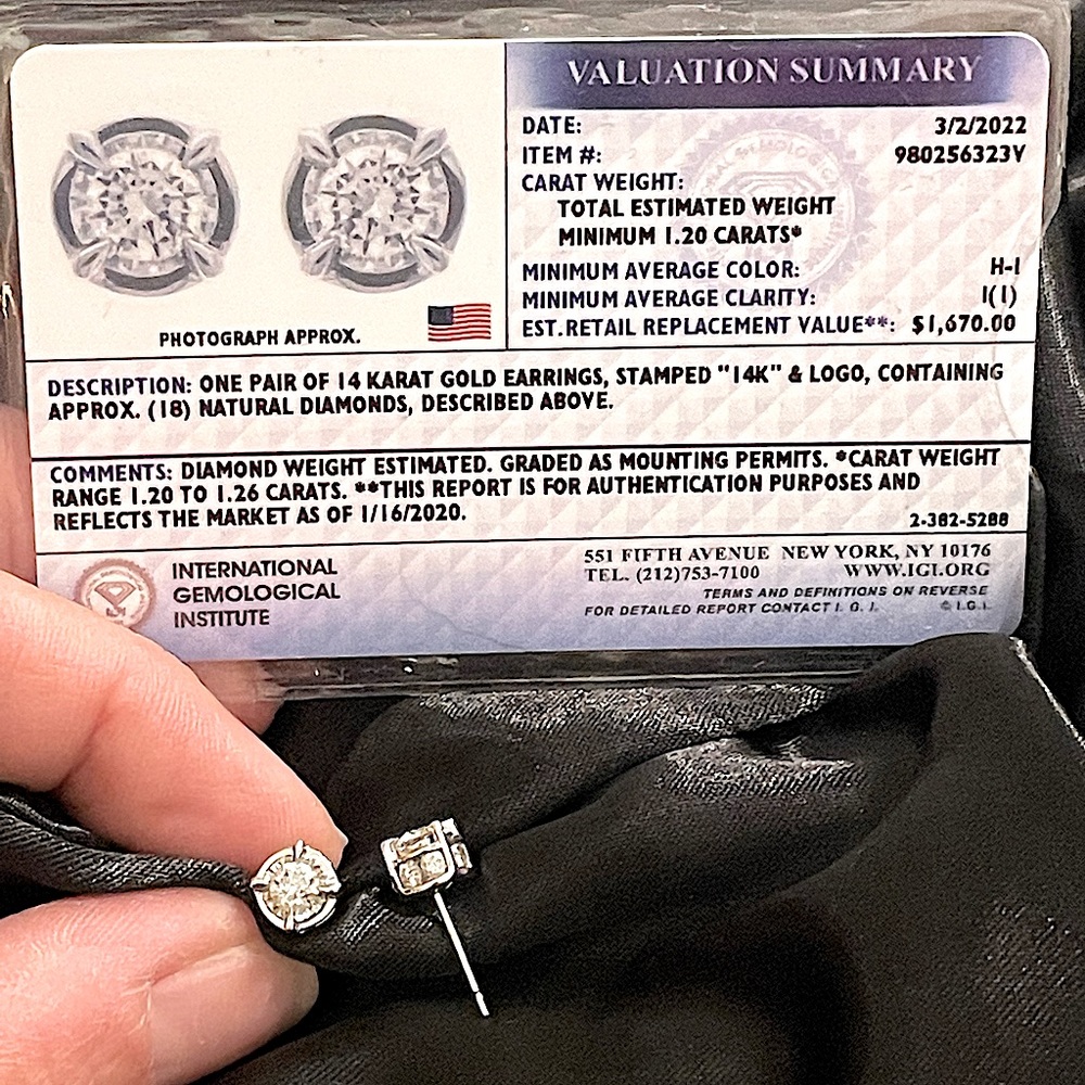 1.2+ carat genuine diamond earrings 14k white gold, IGI valuation included